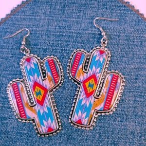 Western Aztec Cactus Metal Cowgirl Earrings